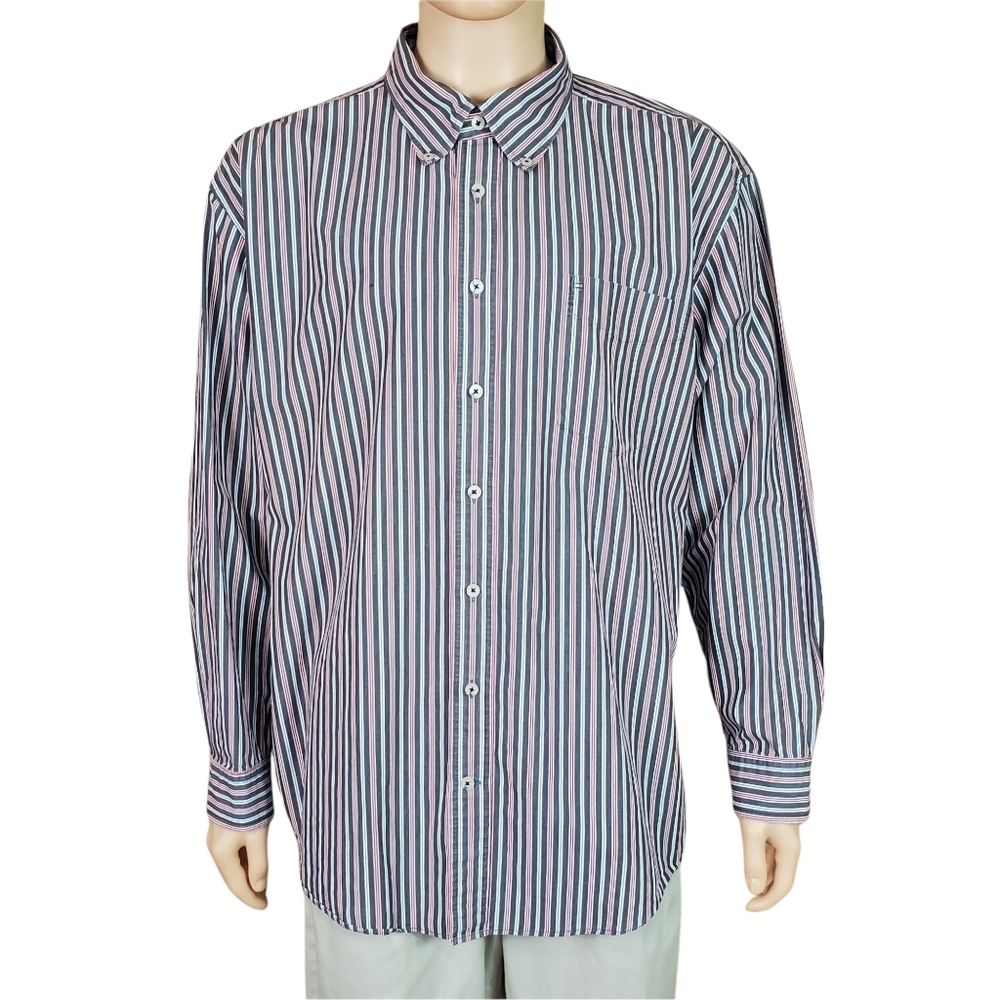 Tommy Hilfiger Mens Button Front Shirt Sz XXL Red White Blue Black Stripes